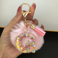 Pink Faux Fur Pompom Letter Charm Keychain with Confetti Resin view 11