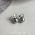 Silver Tone Clear Stone Crown And Gray Pearl Stud Earrings view 4