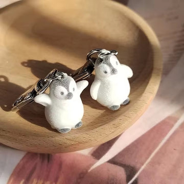 Flocked White Penguin Keychains Lobster Clasp Two Poses