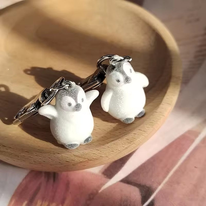 Flocked White Penguin Keychains Lobster Clasp Two Poses