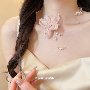 Pink Organza Flower and Pearl Strand Necklace Statement Jewelry Design