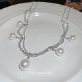 Silver Double Strand Rhinestone Pearl Drop Choker Single Style view 2