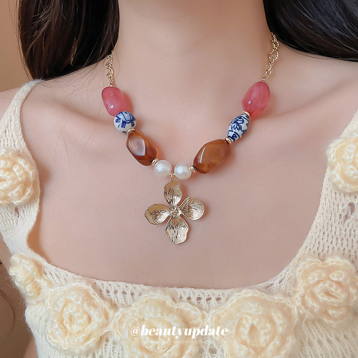 Multicolor Ceramic And Resin Bead Flower Necklace Statement Jewelry