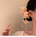 Fabric Flower Duckbill Hair Clips with Pearl Chain Tassels view 6