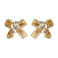 Gold Enamel Bow Stud Earrings Pearl Crystal Ginkgo view 5