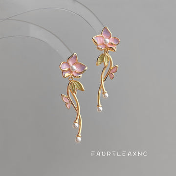 Gold Tone Pink Flower Green Leaf And Pearl Branch Stud Earrings
