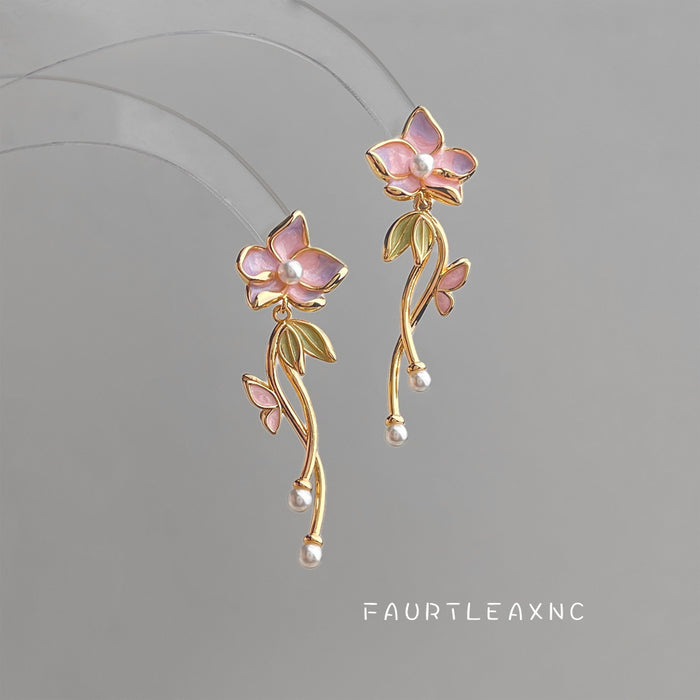 Gold Tone Pink Flower Green Leaf And Pearl Branch Stud Earrings