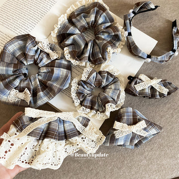 Brown Blue Plaid Lace Scrunchies Hair Clips Headband