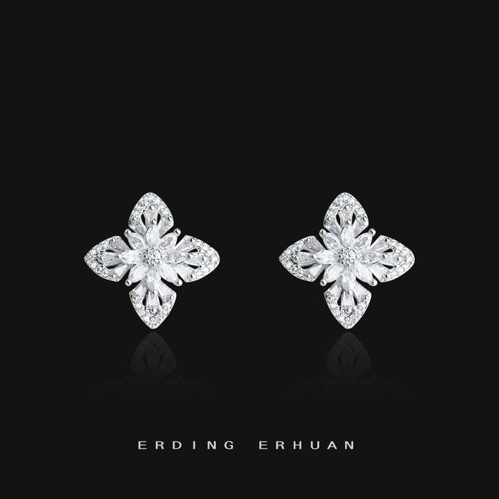 Silver-Tone Pave Crystal Four-Leaf Clover Stud Earrings