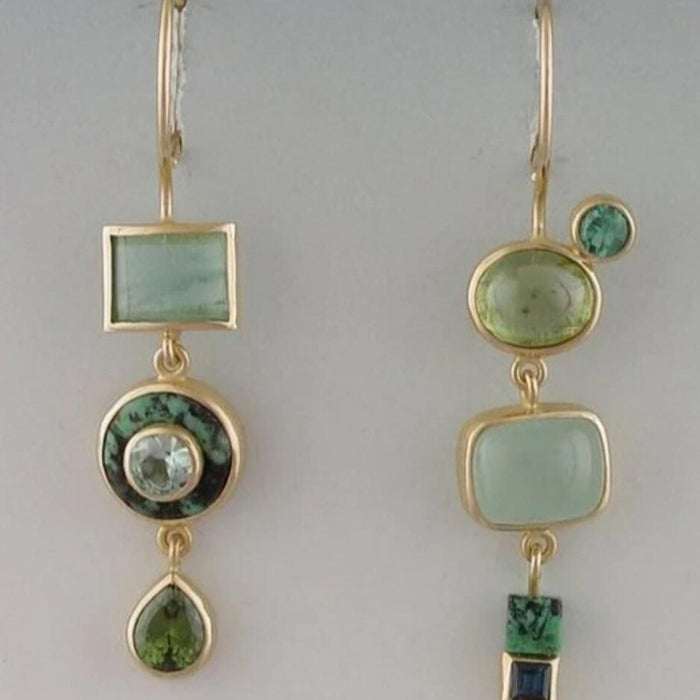 Asymmetric Green Geometric Long Drop Earrings With Clear Stone Accents