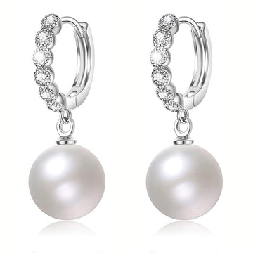 Pearl Drop Crystal Huggie Earrings in Silver Tone Jewelry