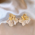 Two Tone Folded Petal Flower Stud Earrings with Crystal Centers view 6