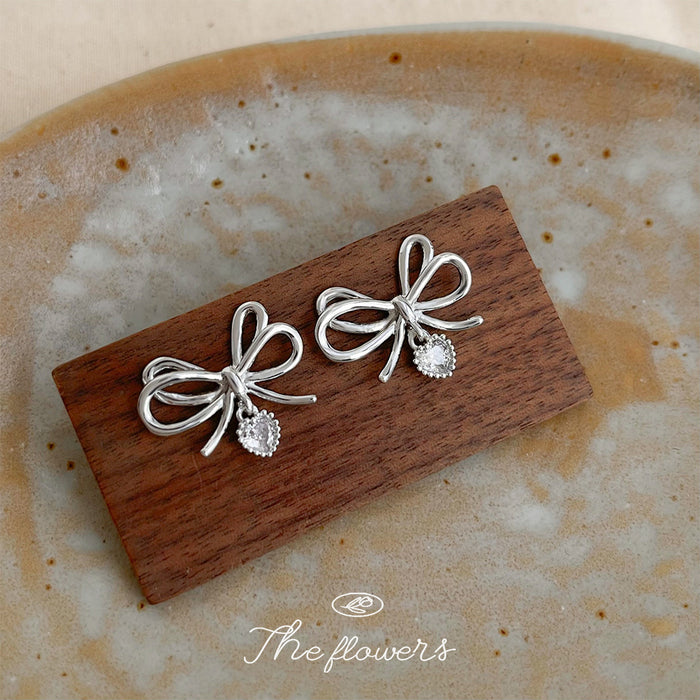 Silver Bow Stud Earrings Clear Pavé Heart Drop Charm