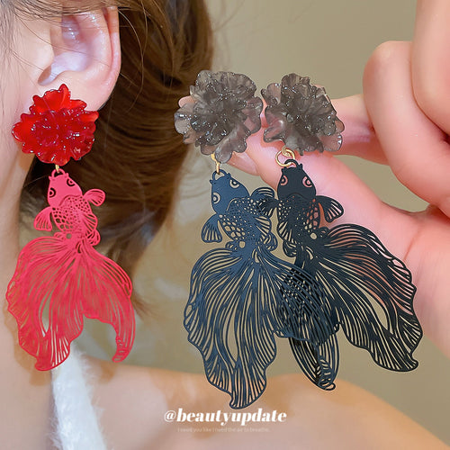 Red and Pink Cutout Fish Floral Stud Earrings with Polished Details shown as a complete pair