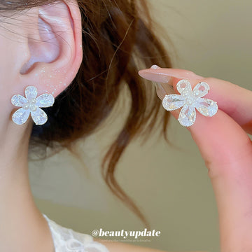 Silver Tone Crystal Five Petal Flower Stud Earrings