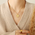 Textured Disc Pendant Faux Pearl Accent Necklace Gold Or Steel view 1