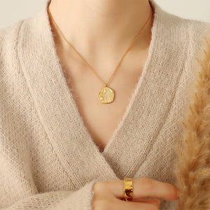 Textured Disc Pendant Faux Pearl Accent Necklace Gold Or Steel