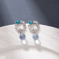 Aqua Circle White Bead Gray Blue Dangle Stud Earrings view 1