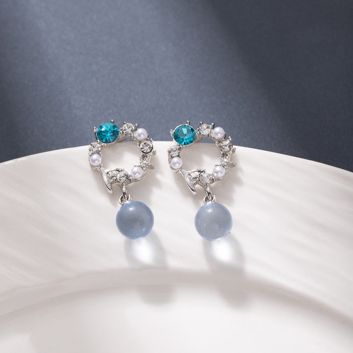 Aqua Circle White Bead Gray Blue Dangle Stud Earrings