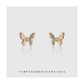Gold Butterfly Stud Earrings Pink Enamel Crystal Wing Pair view 1