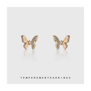 Gold Butterfly Stud Earrings Pink Enamel Crystal Wing Pair