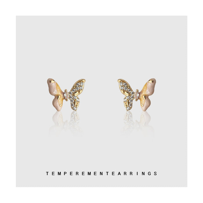 Gold Pink Enamel Butterfly Clear Stone Stud Earrings
