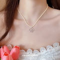 Cream Seed Bead Necklace Silver Open Flower Crystal Pendant view 1