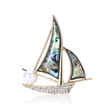 Shell Effect Sailboat Brooch With White Pearl and Crystal Hull