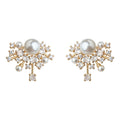 Gold Tone Pearl Clear Stone Starburst Cluster Stud Earrings view 5