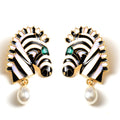 Gold Tone Zebra Head Enamel Pearl Drop Earrings Green Eye view 2