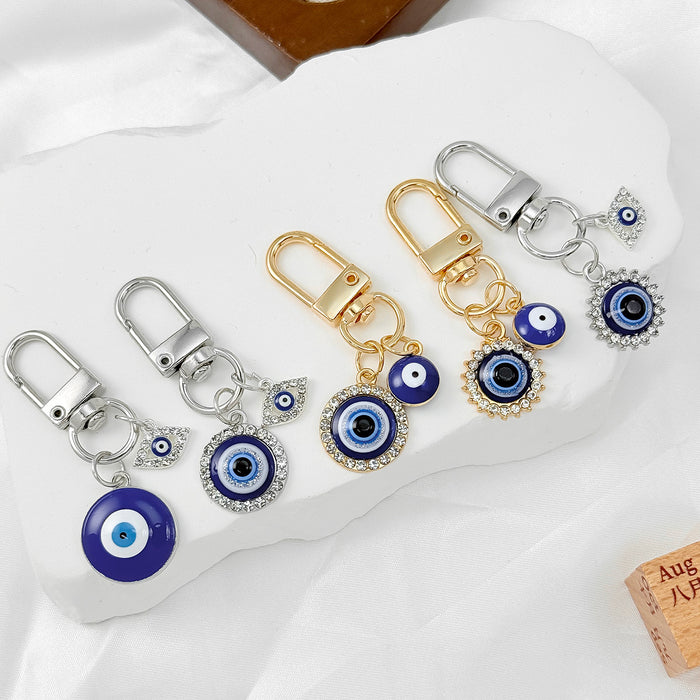 Blue Evil Eye Charm Keychain with D-Ring Swivel Clasp