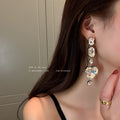 Clear Crystal Heart Long Dangle Statement Earrings view 4