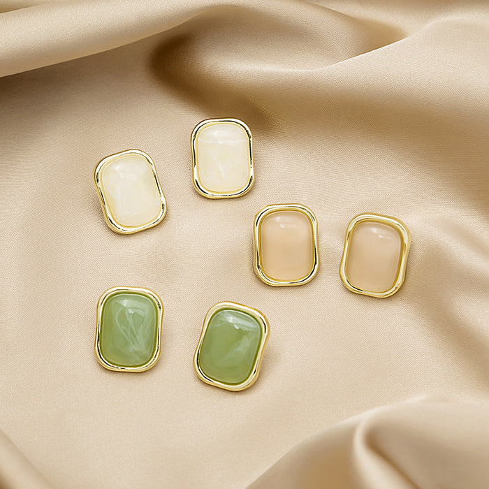 White and Pink Rounded Rectangle Gold Rim Stud Earrings
