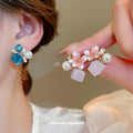 Blue Square Crystal Pearl Cluster Stud Earrings Fashion Jewelry view 2