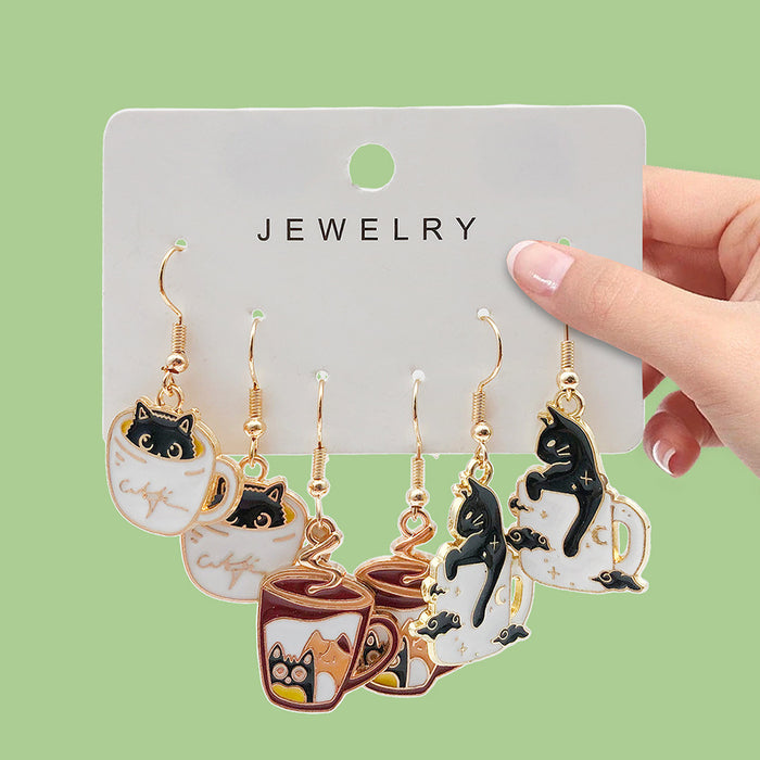 Cat and Cup Dangle Earring Set, Three Pairs in Three Designs