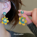 Blue Yellow Crystal Flower Cluster Drop Earrings For Women view 1