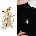 Cello Playing Cat Crystal Metal Brooch in Silver and Gold view 2