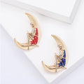 Red Dress Crescent Moon Reader Enamel Brooch in Gold Tone view 1