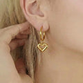 Gold Open Heart Drop Huggie Hoop Earrings Stainless Steel view 4