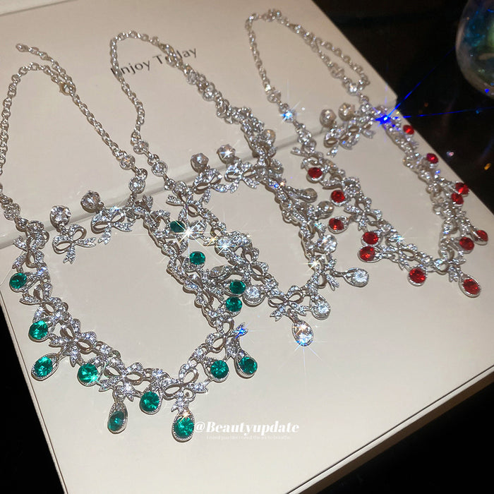 Silver Bow Teardrop Rhinestone Necklace Earring Sets