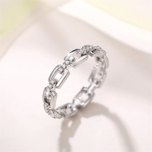 Second product view showing rectangular link and clear stone eternity ring in silver tone