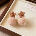Flocked Flower Pom Pom Drop Earrings with Distinctive Textured Details view 7