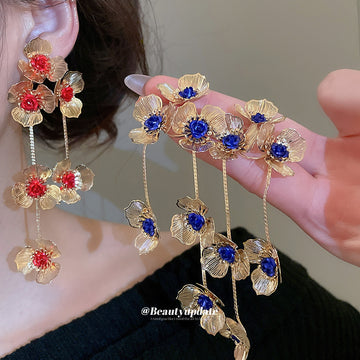 Gold Tone Floral Crystal Tassel Drop Earrings Fashion Jewelry