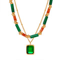 Gold Double Layer Necklace Green Tube Beads Square Pendant view 5