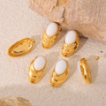 Gold Wavy Frame Oval White Natural Stone Stud Earrings view 2