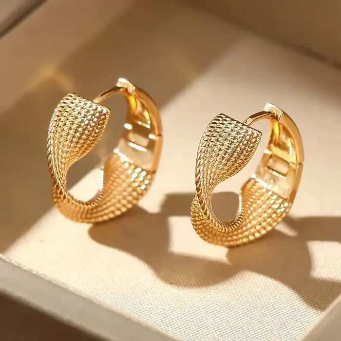 Gold Tone Textured Twist Hoop Earrings Polished Metal Jewelry