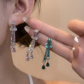 Pink and Green Crystal Look Long Teardrop Stud Earrings view 1
