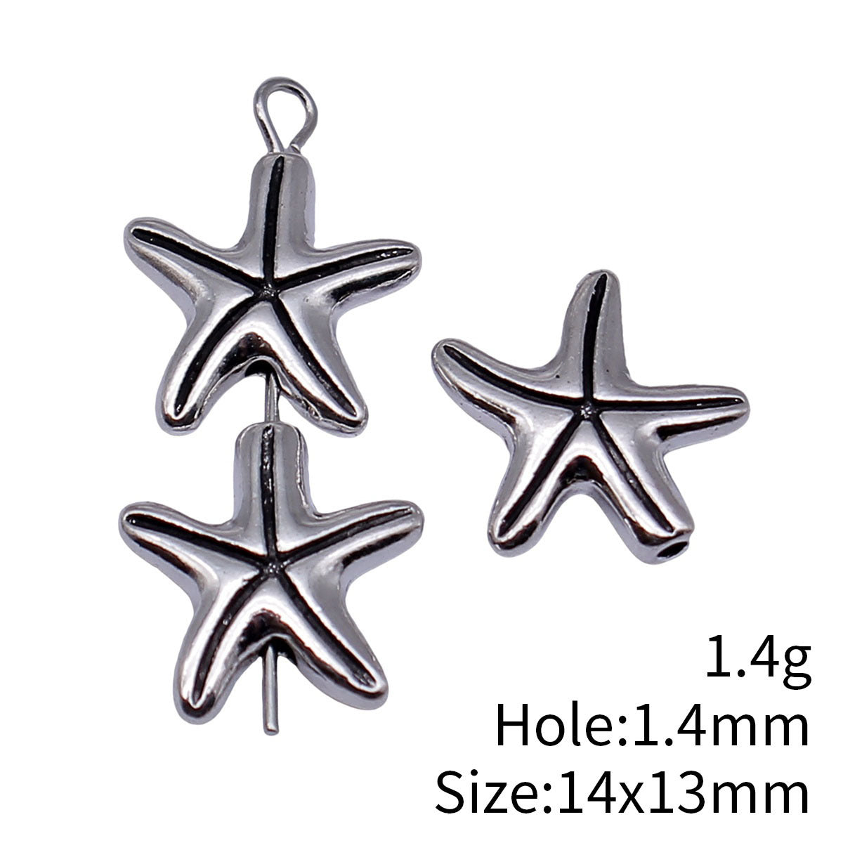 14x13mm 1.4g Antique Silver Zinc Alloy Starfish Small Hole Loose Metal Beads for Ocean Bracelet DIY