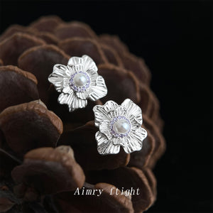 Silver Textured Flower Stud Earrings Pearl Purple Halo