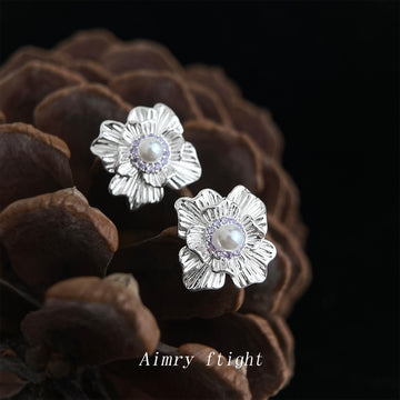 Silver Textured Flower Stud Earrings Pearl Purple Halo